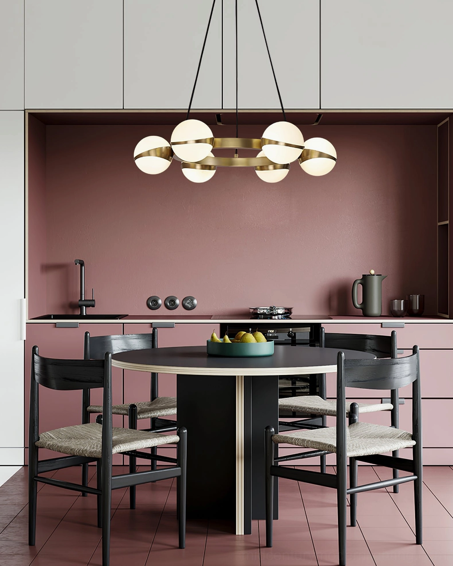 Grand Lustre brass chandelier detail shot, frosted glass shade and brass rod suspension, architectural lighting design