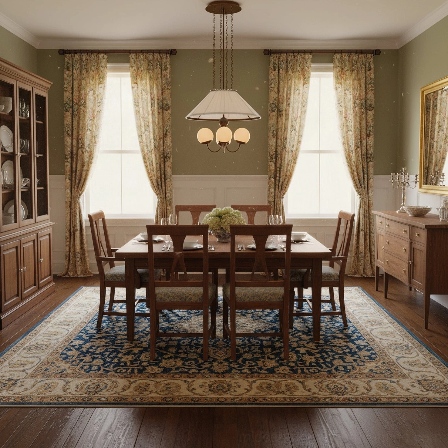 Antique bronze pendant chandelier in formal colonial dining room above wooden table