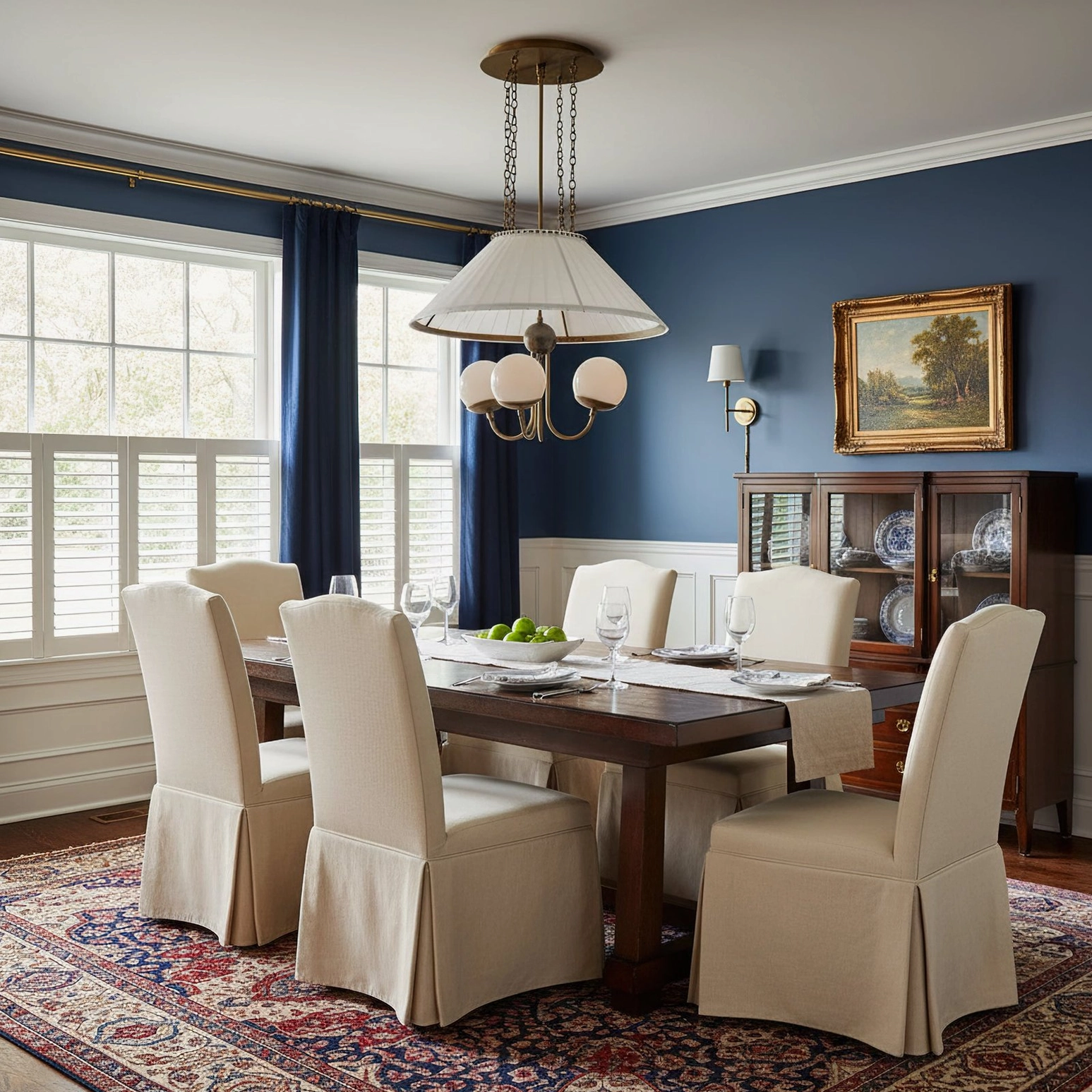 Brass pendant chandelier with three globe shades in formal dining room blue walls