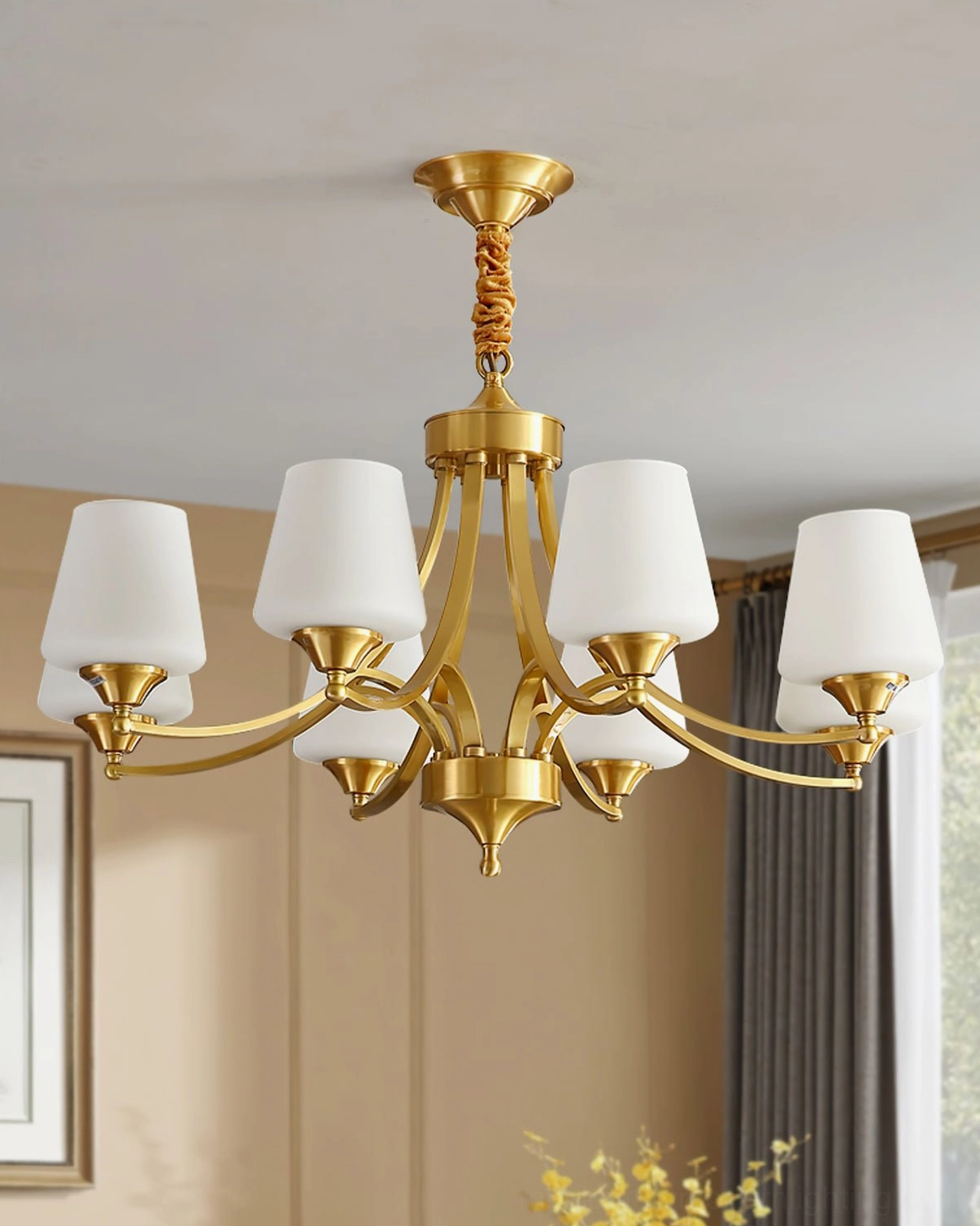 Brass chandelier fixture showing white glass shades and metal frame construction and assembly
