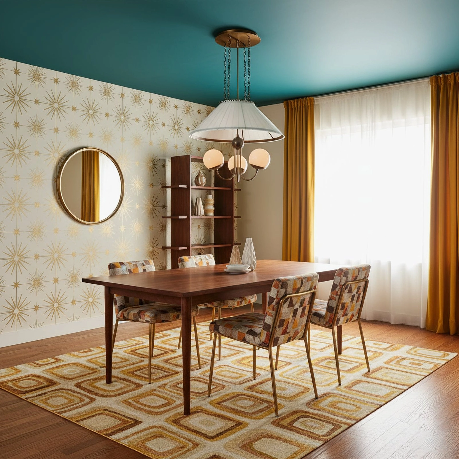 Retro brass chandelier with starburst wallpaper in geometric dining room