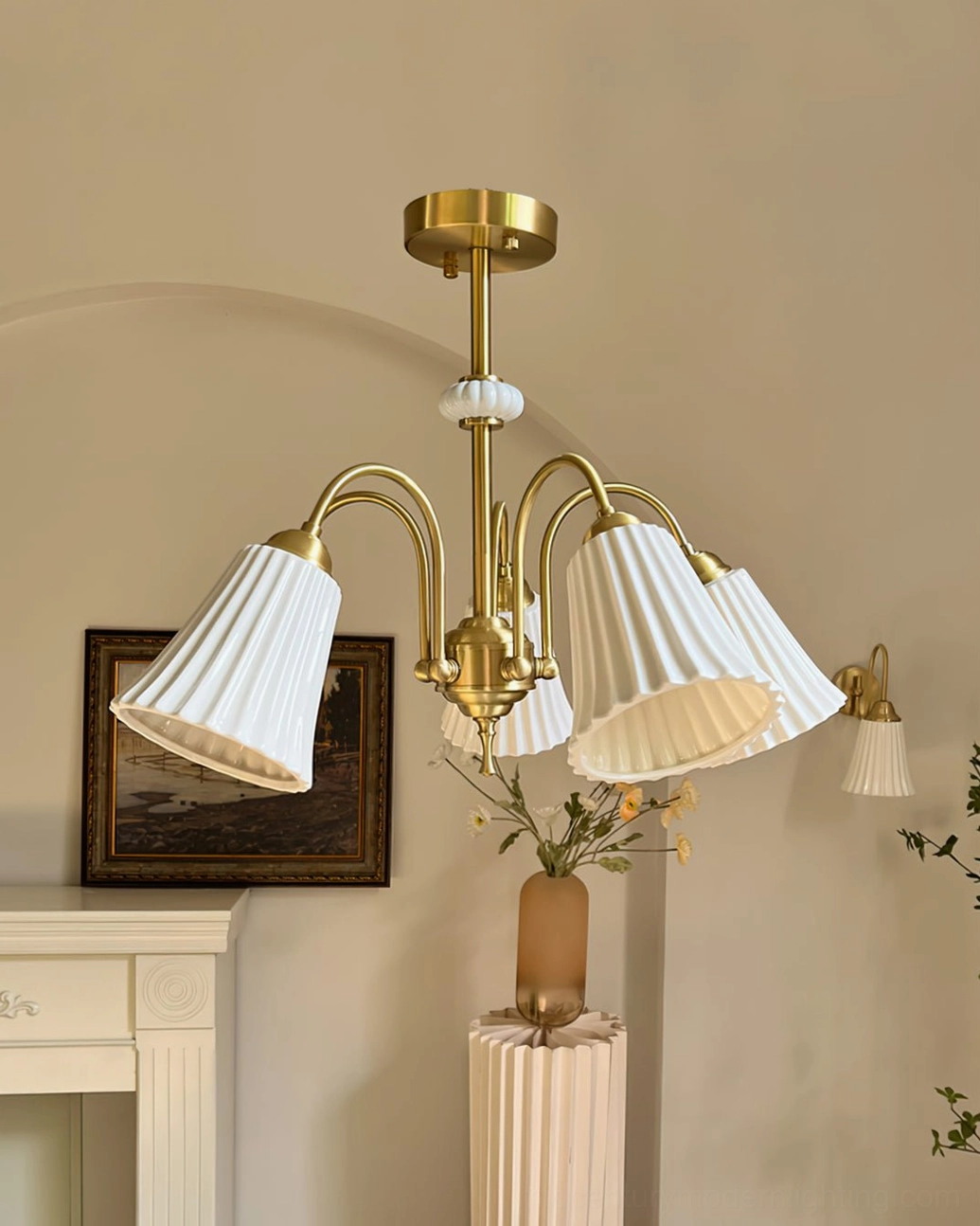 Brass chandelier fixture showing multiple head configuration, showcasing adjustable design and brass hardware quality in contemporary setting