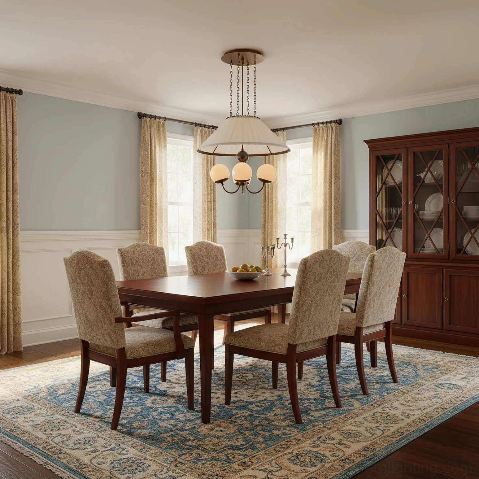 Minimalist formal dining room with brass pleated chandelier above wooden table