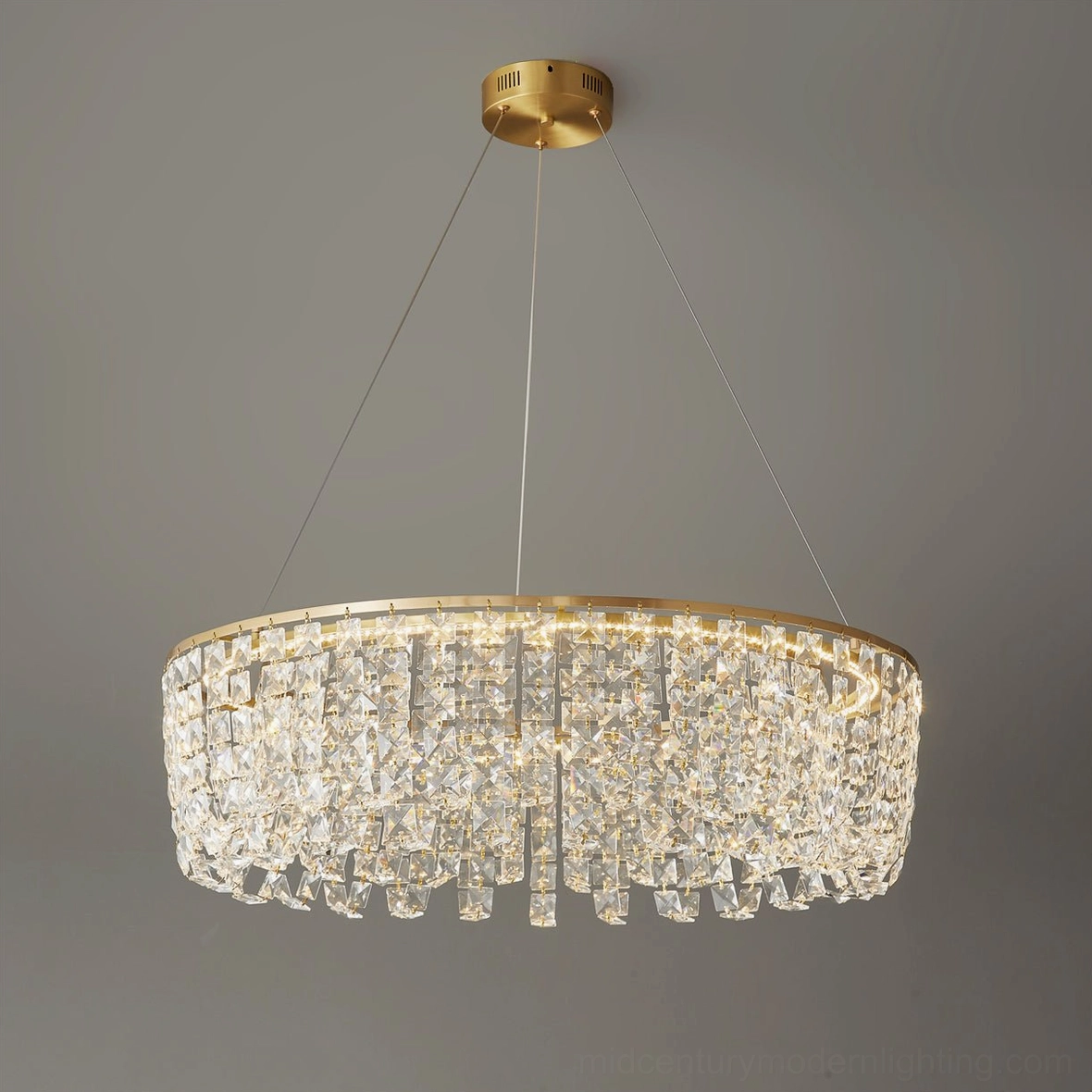 Brass chandelier crystal quality close-up showing optical grade glass faceting