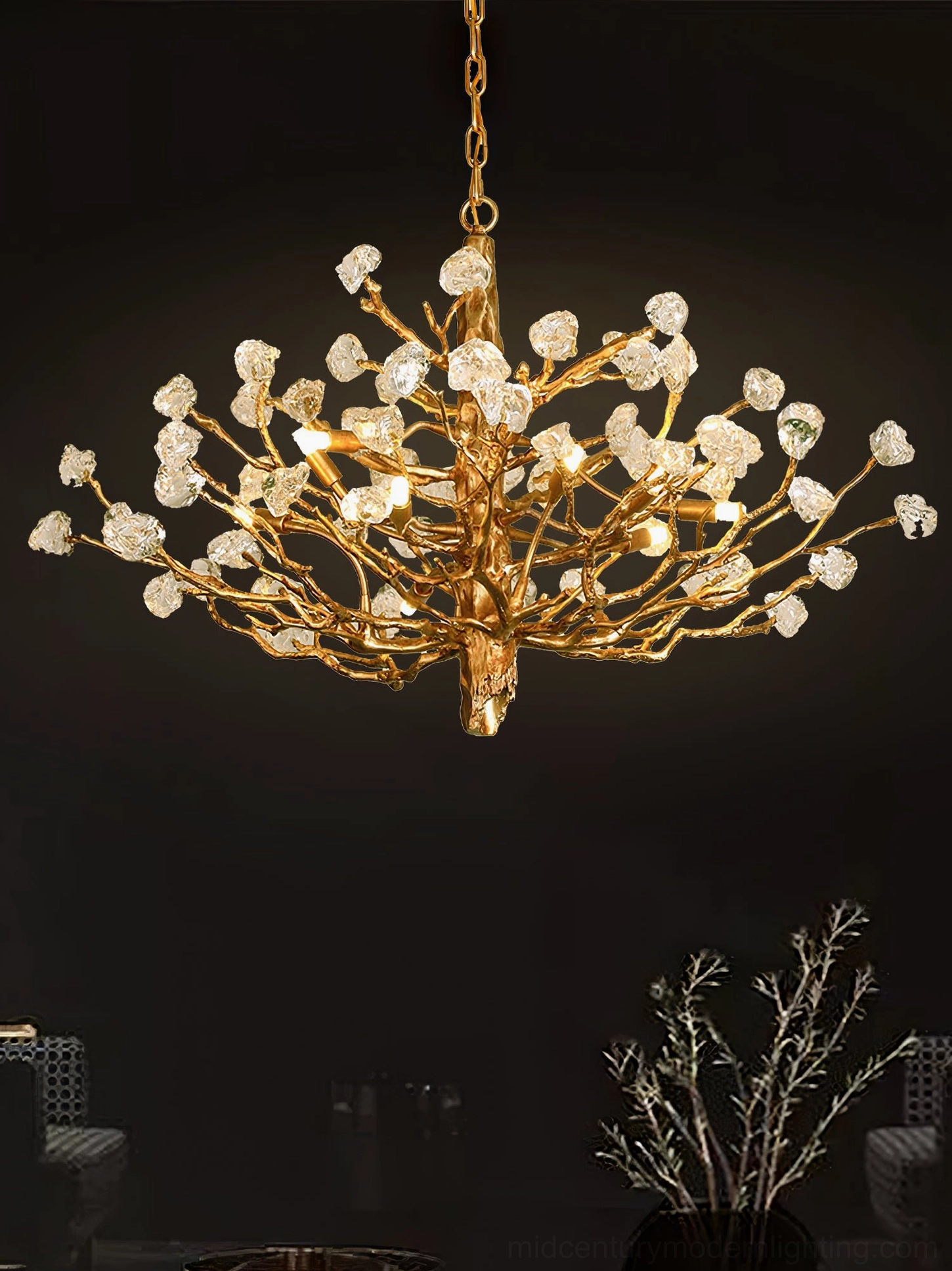 Brass gemstone branch chandelier architectural design showing organic asymmetrical limb structure