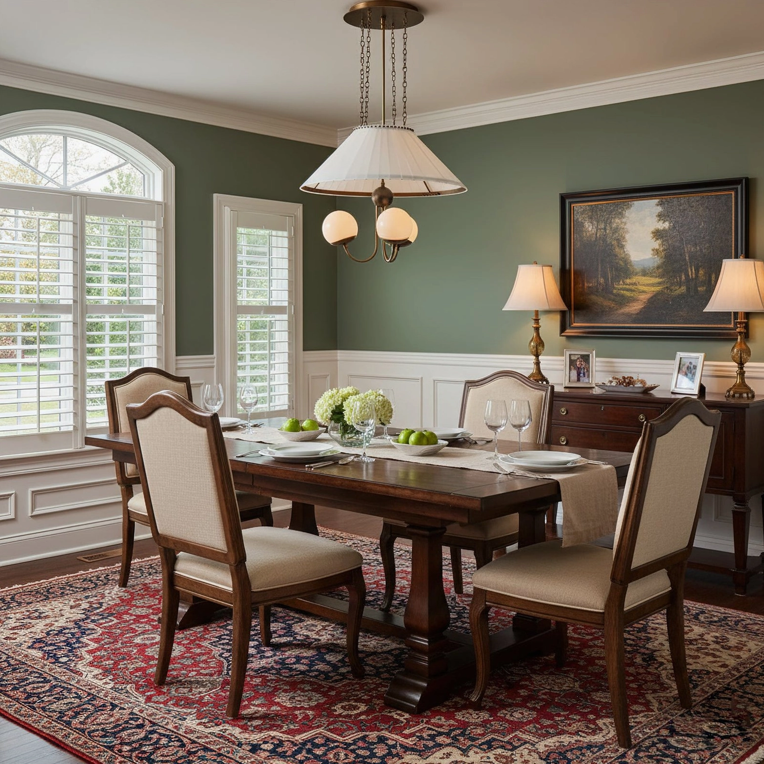 Traditional brass chandelier with globe bulbs in dining room with green wainscoting