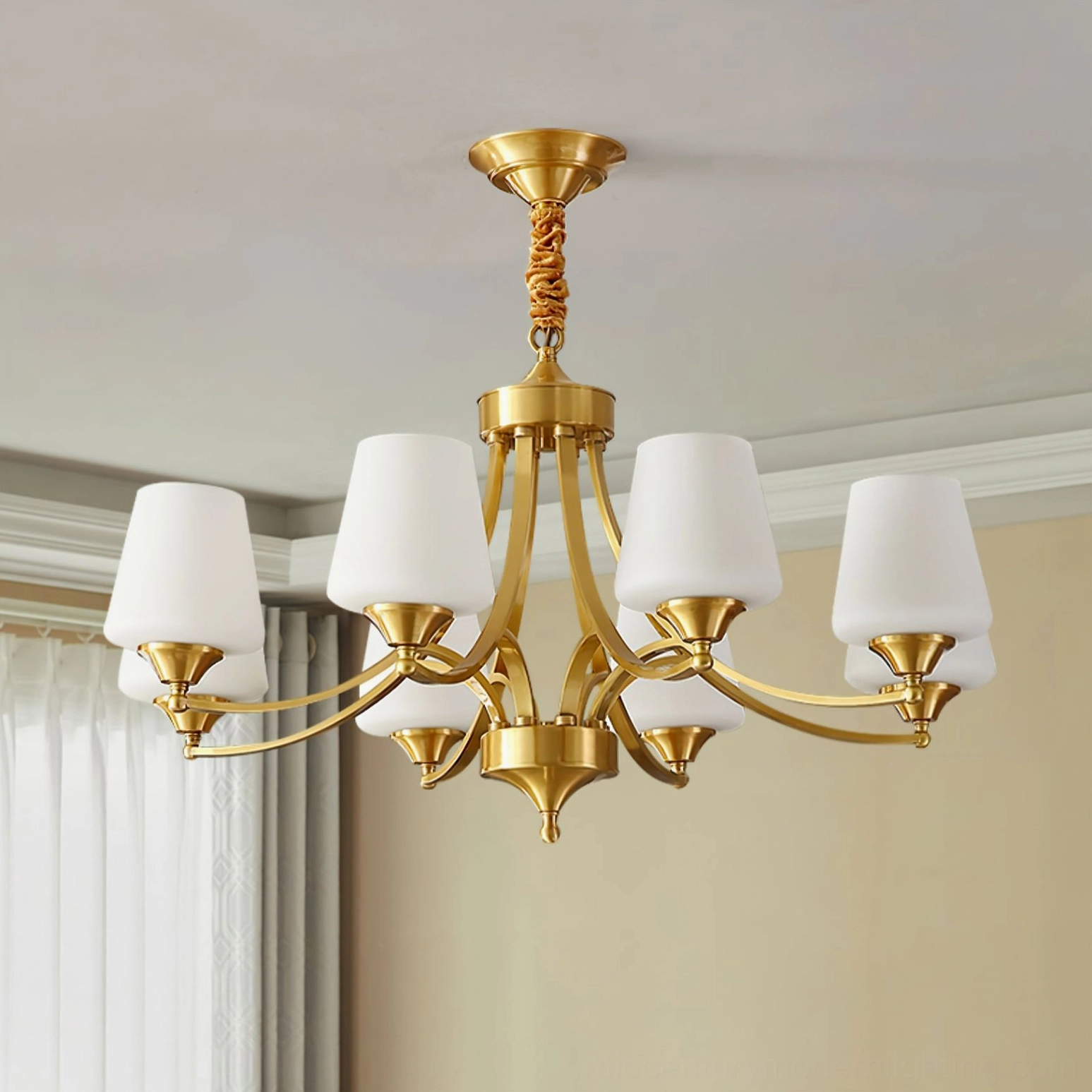 Tuileries brass chandelier showing twisted metal rod arms and balanced light distribution design