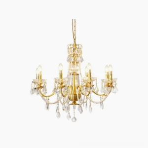 Brass crystal chandelier with 8 candle-style lights and cascading clear crystal pendants, top-down studio view