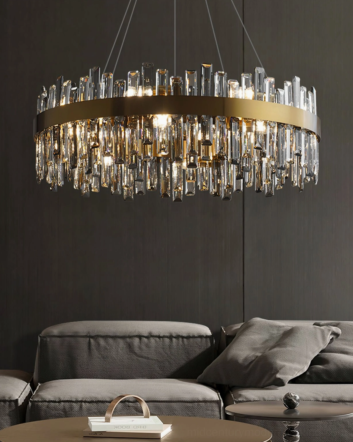 Close-up detail of brass crystal chandelier showing metal framework and hanging clear crystal pendants