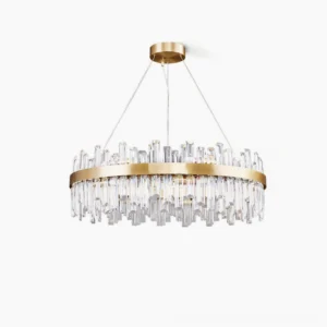 Brass crystal chandelier front view on white background showing gold metal frame and hanging clear crystal pendants
