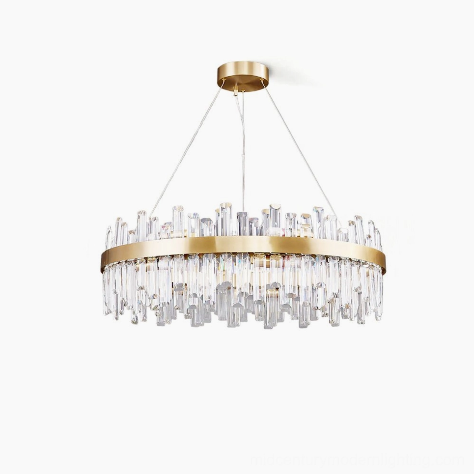 Brass crystal chandelier front view on white background showing gold metal frame and hanging clear crystal pendants