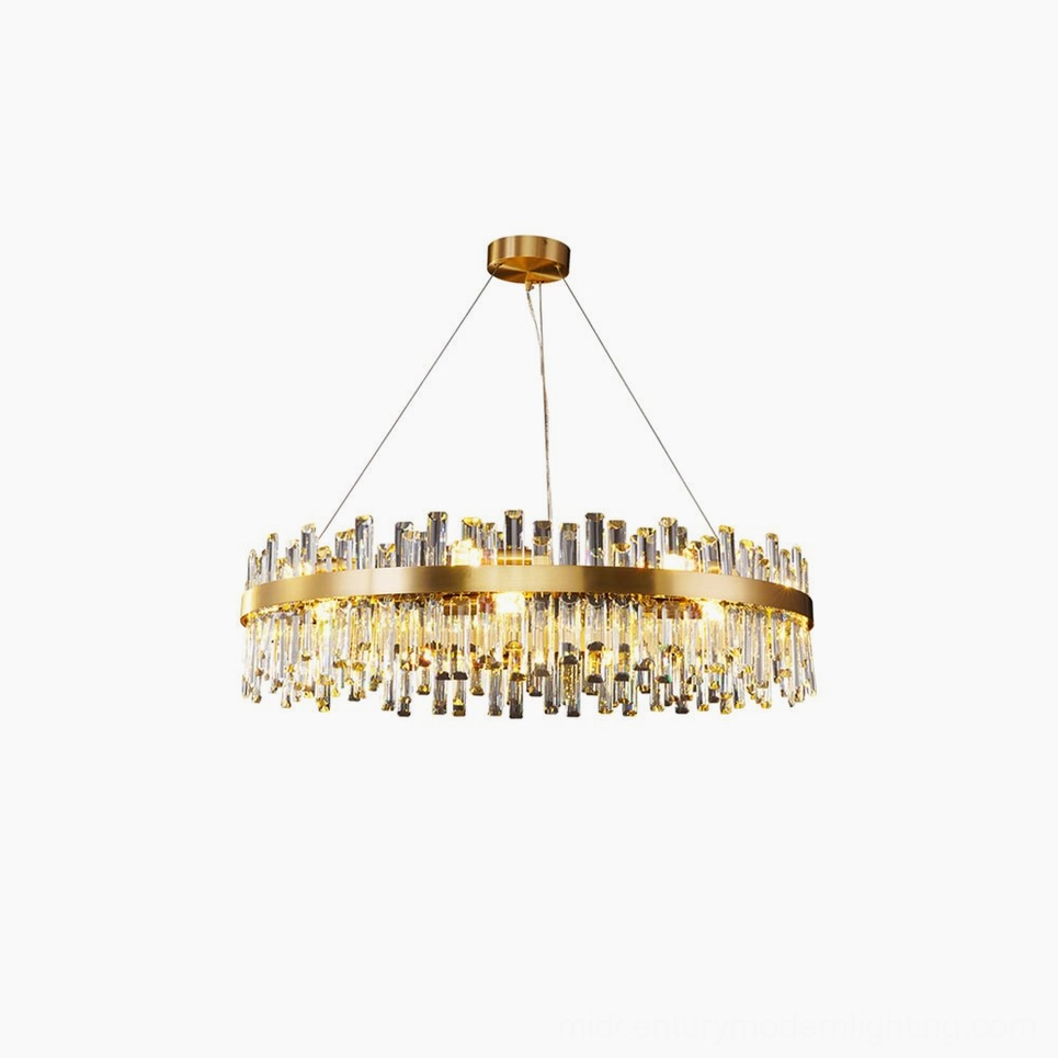Brass crystal chandelier hero shot on neutral background showcasing complete fixture design and aesthetics