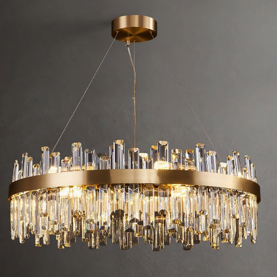 Large round brass crystal chandelier front view showing full crystal pendant arrangement and gold frame