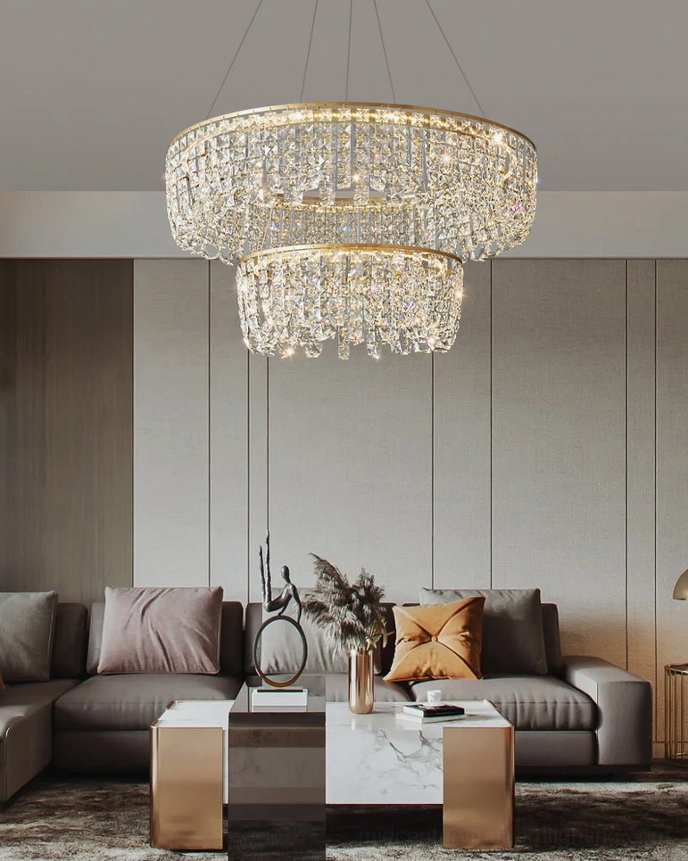 Luxury brass chandelier in contemporary living room setting above coffee table styling