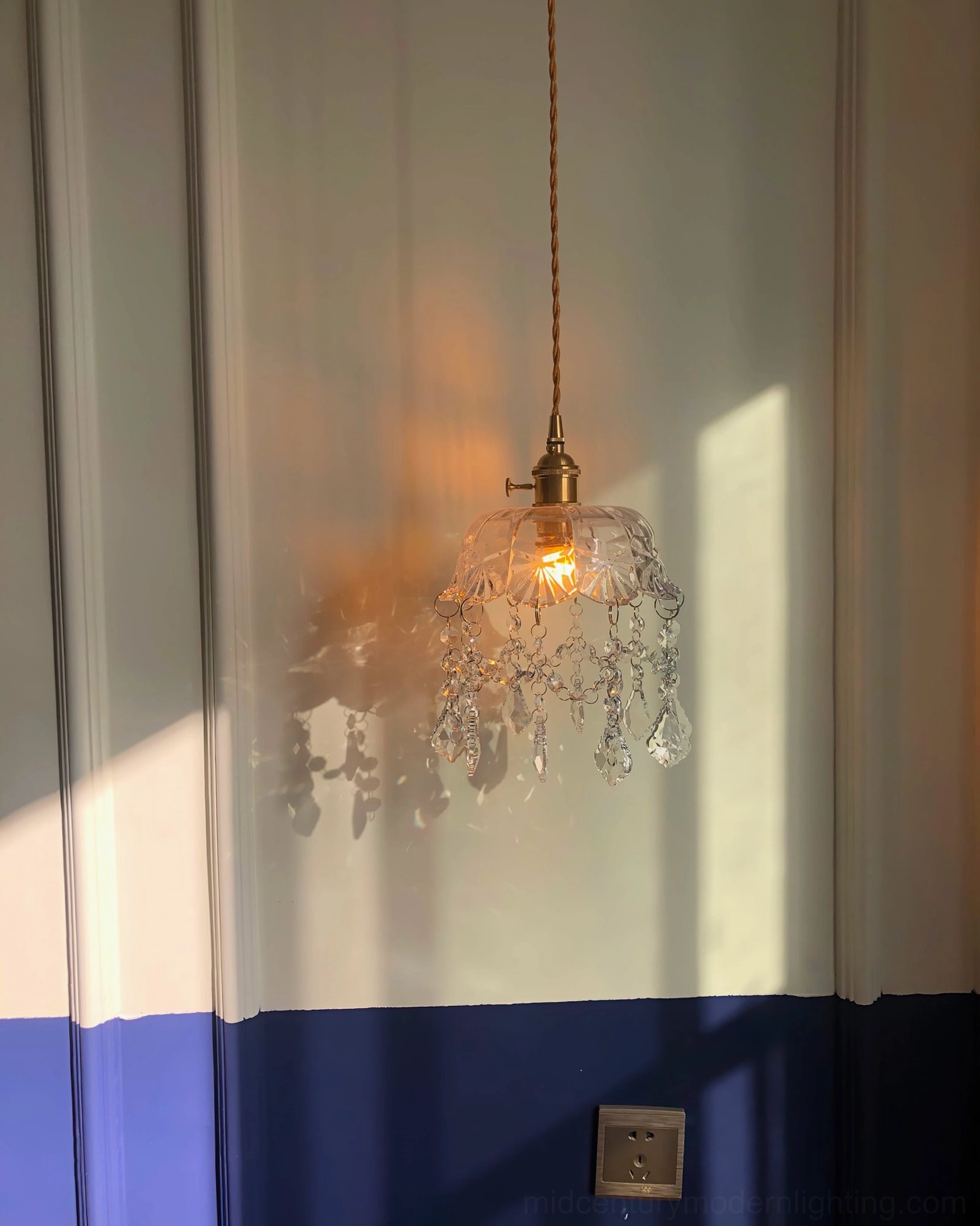 Brass and crystal glass jewel pendant, contemporary vintage lighting solution showcase