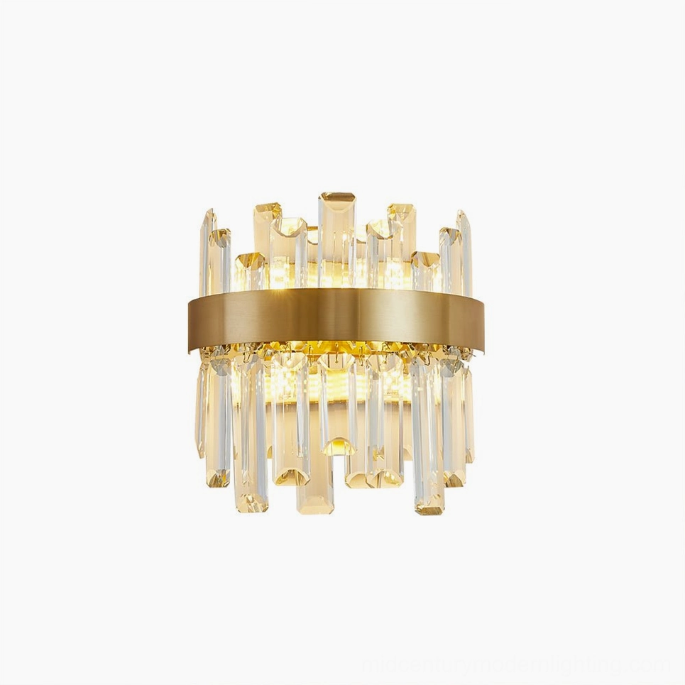 Brass crystal wall sconce L 9.4″ x W 5.9″ x H 7.9″ in warm lighting, displaying premium dual-bulb fixture with opaque crystal