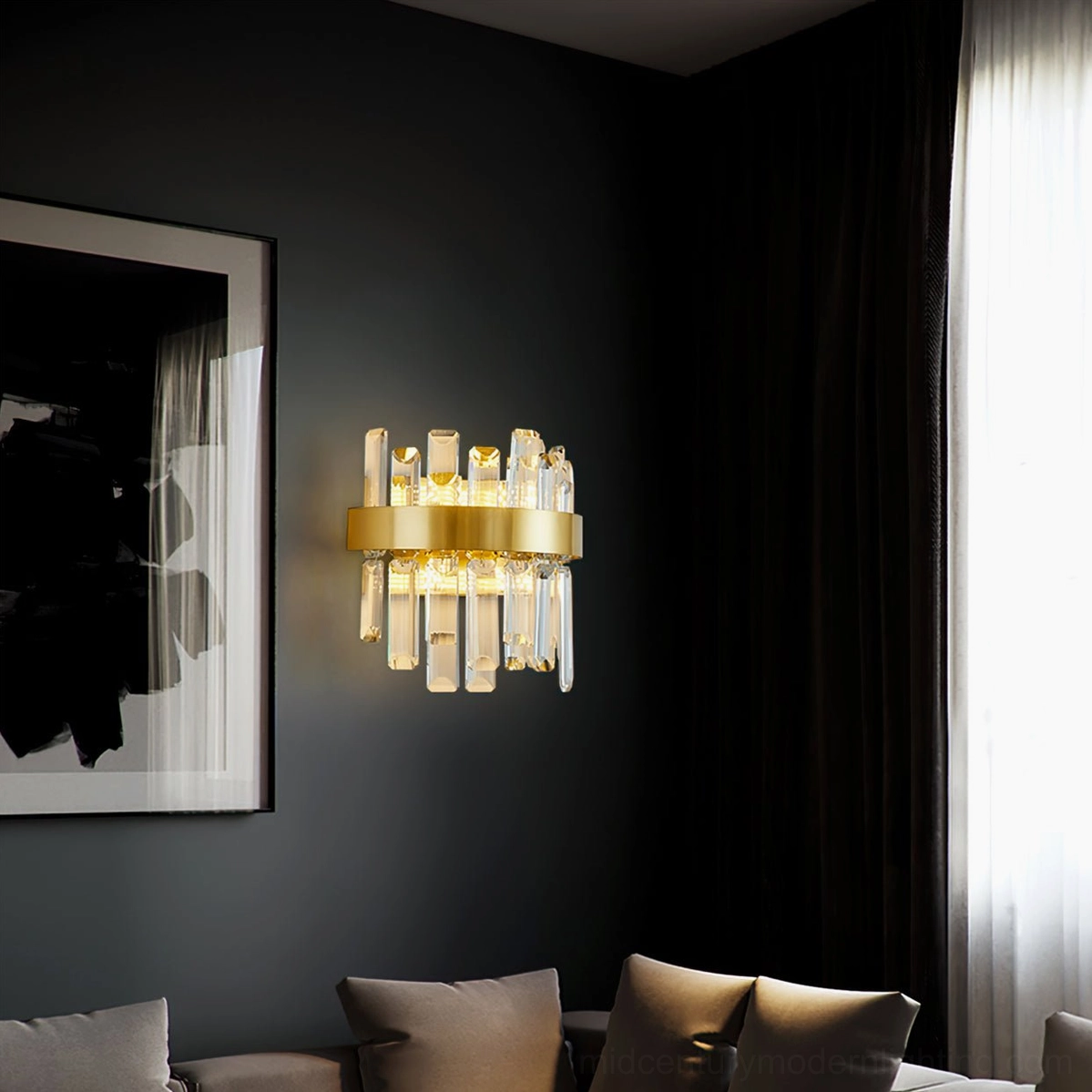Brass crystal statement wall lamp showcasing geometric design and premium craftsmanship of dual-bulb sconce fixture