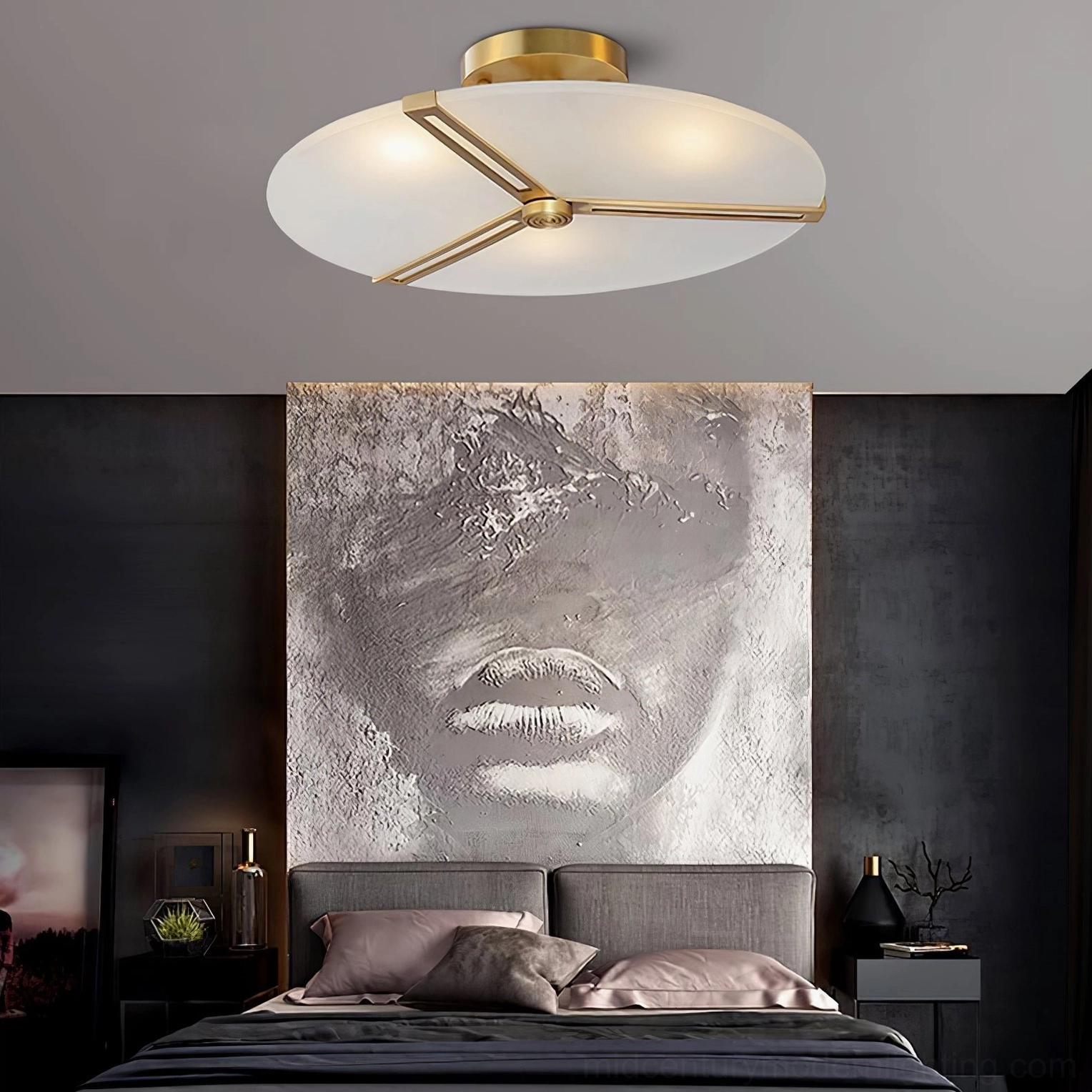 Brass flush mount ceiling lamp illuminated in contemporary residential interior