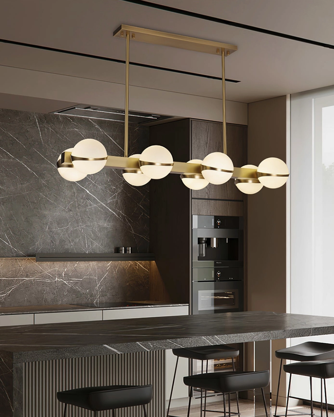 Brass and frosted glass modern pendant light, Grand Lustre collection multi-head design, ceiling installation view