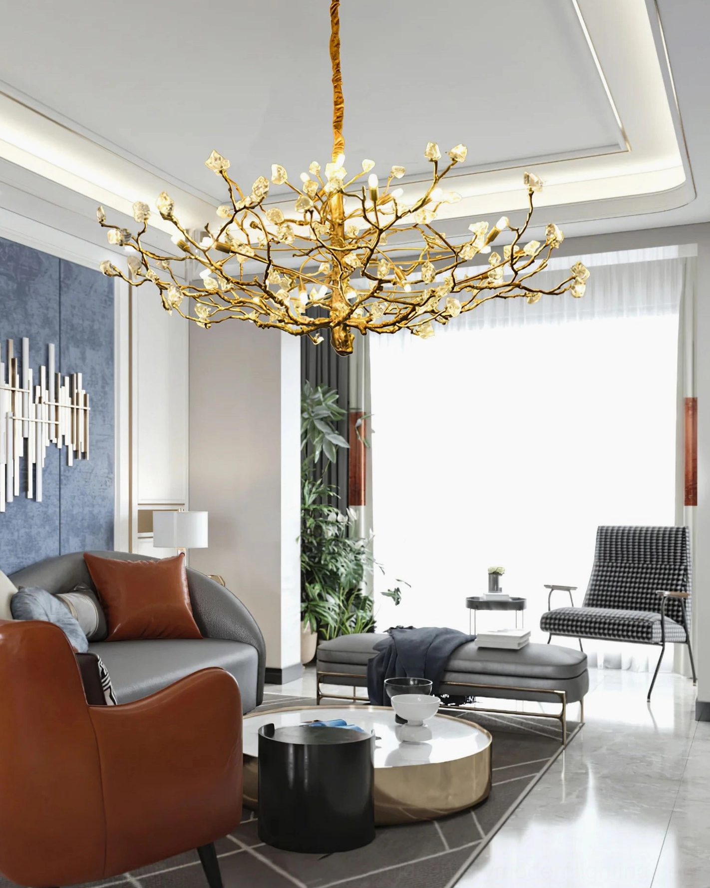 Brass gemstone branch chandelier G9 bulb socket configuration architectural lighting design