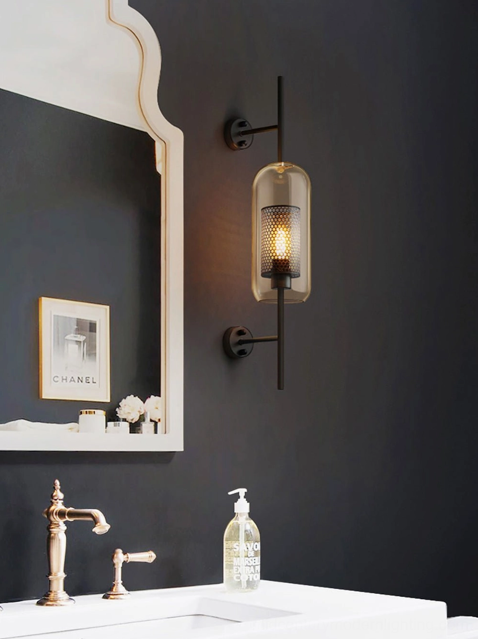 Glass wall lamp with brass finishing and minimalist modern design approach