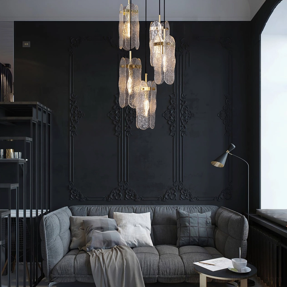 Contemporary brass and glass pendant lamp textured shade detail shot