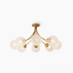Retro brass and textured glass sputnik chandelier, 6-head and 8-head mid-century modern ceiling light fixture with warm glow studio shot