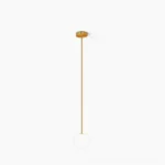 Brass globe pendant light with mouth-blown opal glass sphere and slim brass rod suspension