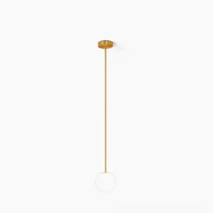 Brass globe pendant light with mouth-blown opal glass sphere and slim brass rod suspension