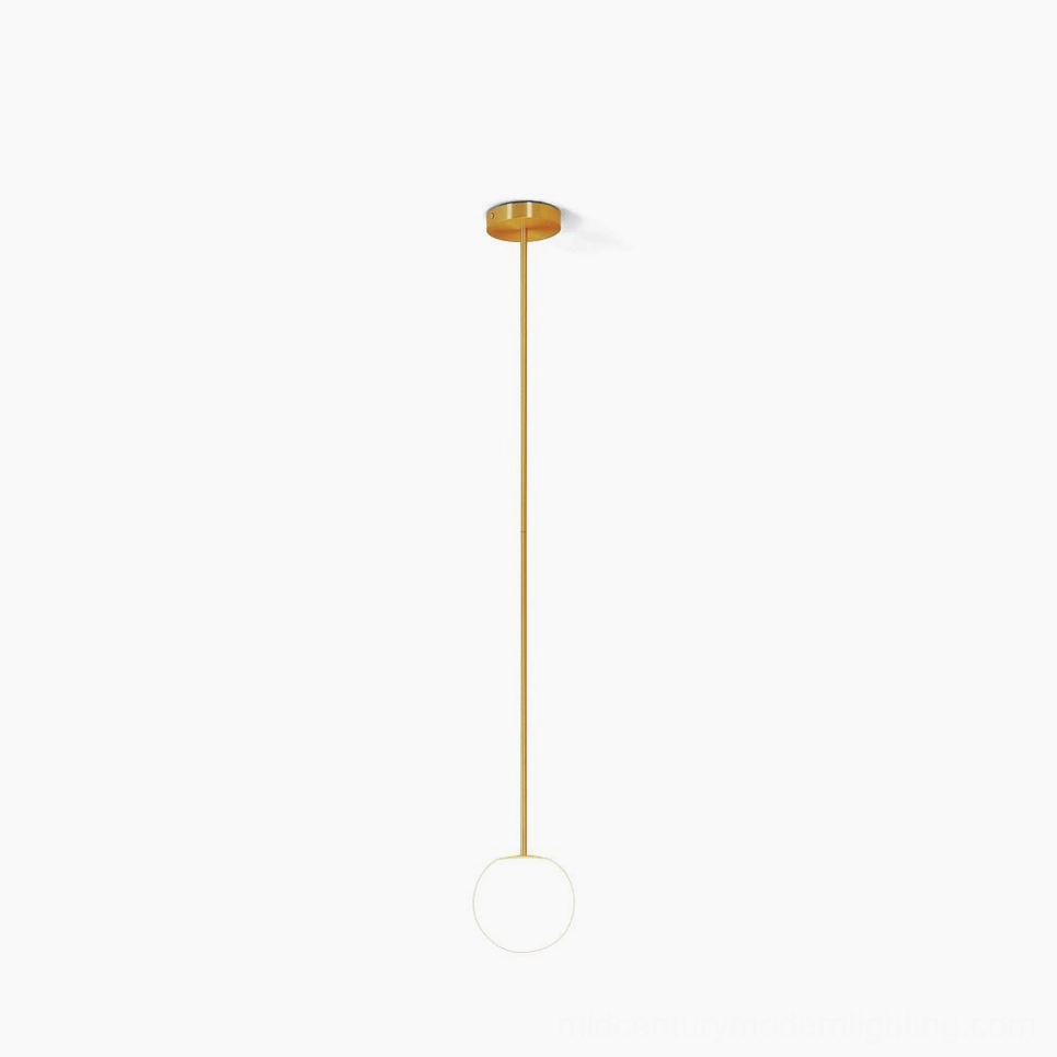 Brass globe pendant light with mouth-blown opal glass sphere and slim brass rod suspension