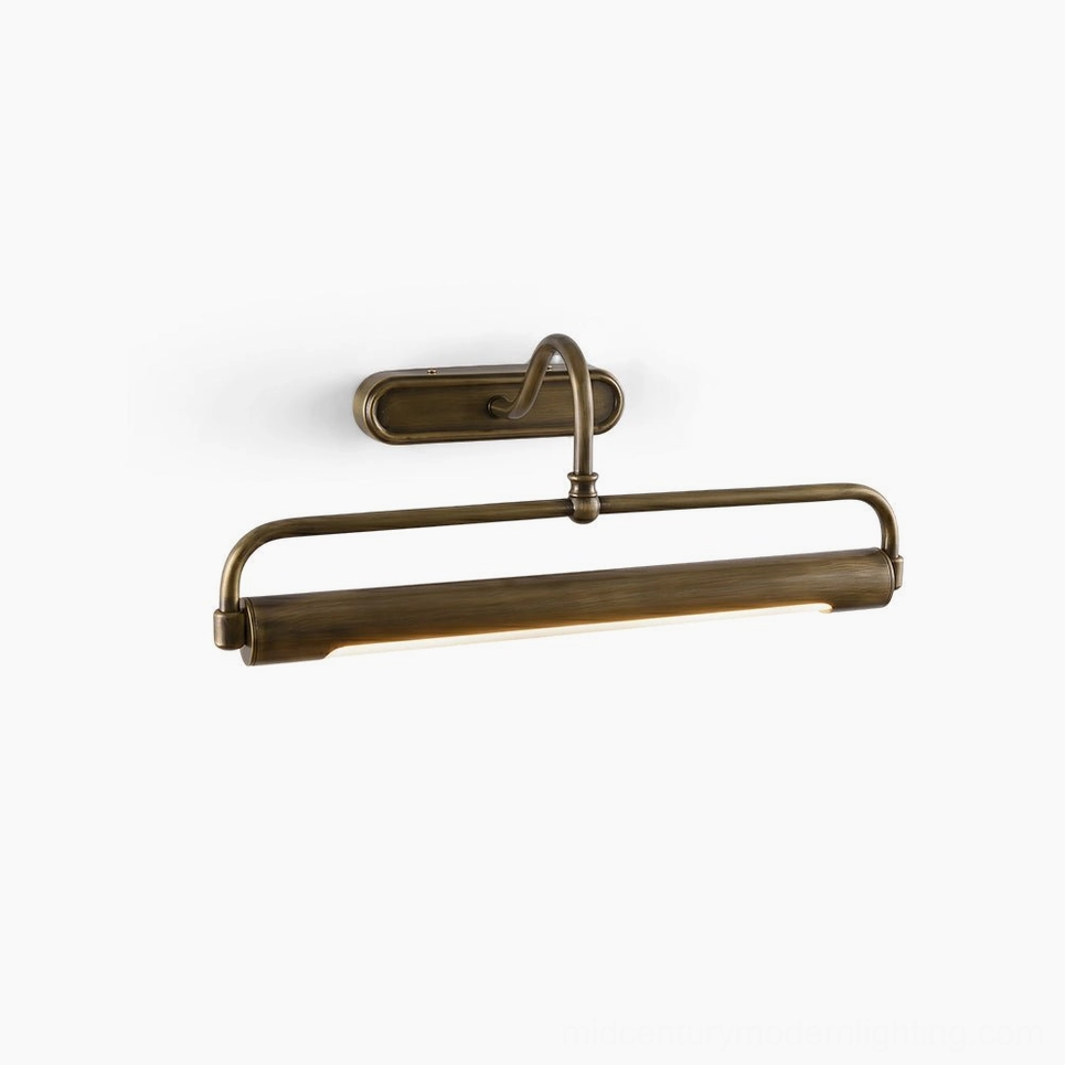 Brass gooseneck wall sconce full profile, integrated LED warm light warm glow
