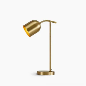Brass gooseneck table lamp with adjustable curved arm and brushed gold finish on white background - modern minimalist design