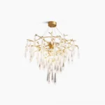 Brass icicle crystal chandelier modern pendant light with cascading clear crystals front view studio lighting