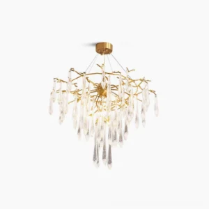 Brass icicle crystal chandelier modern pendant light with cascading clear crystals front view studio lighting