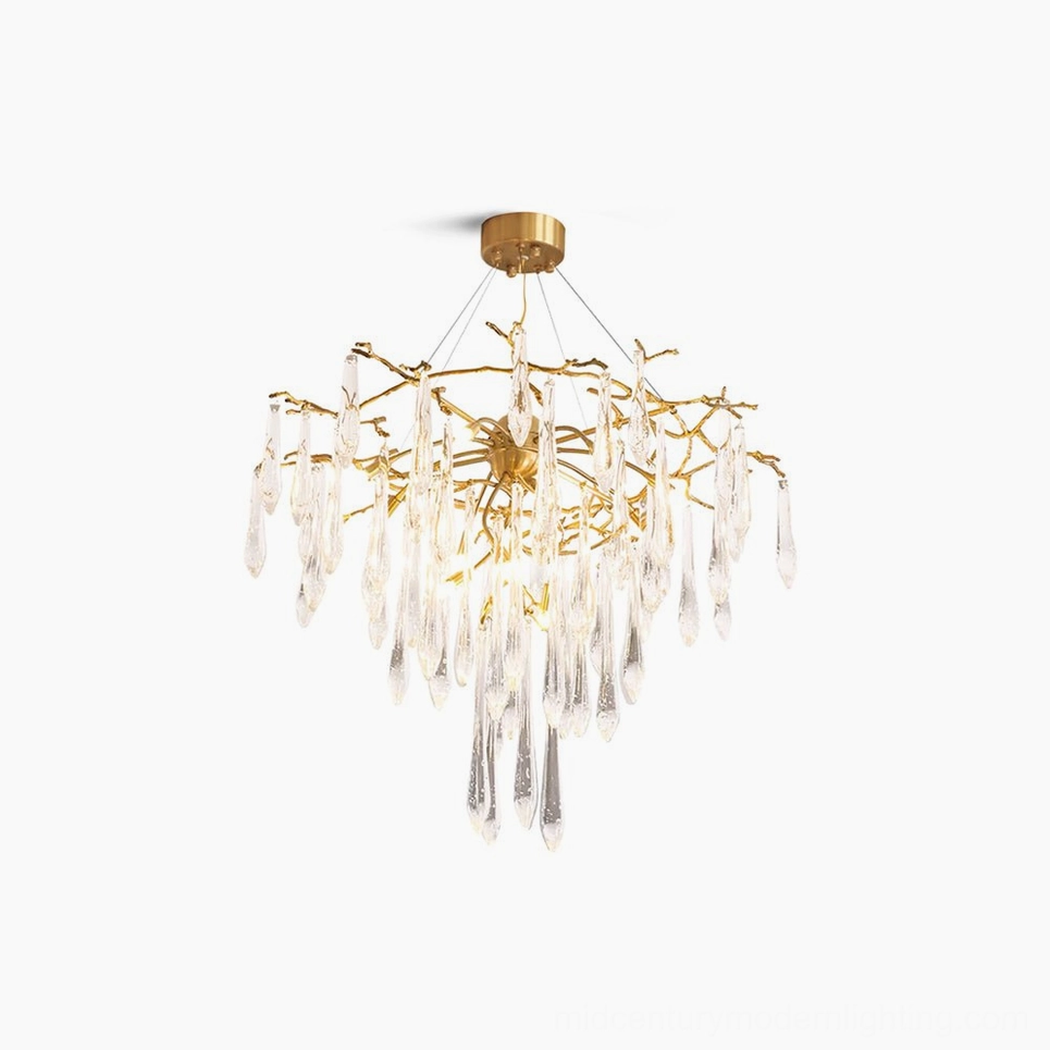 Brass icicle crystal chandelier modern pendant light with cascading clear crystals front view studio lighting