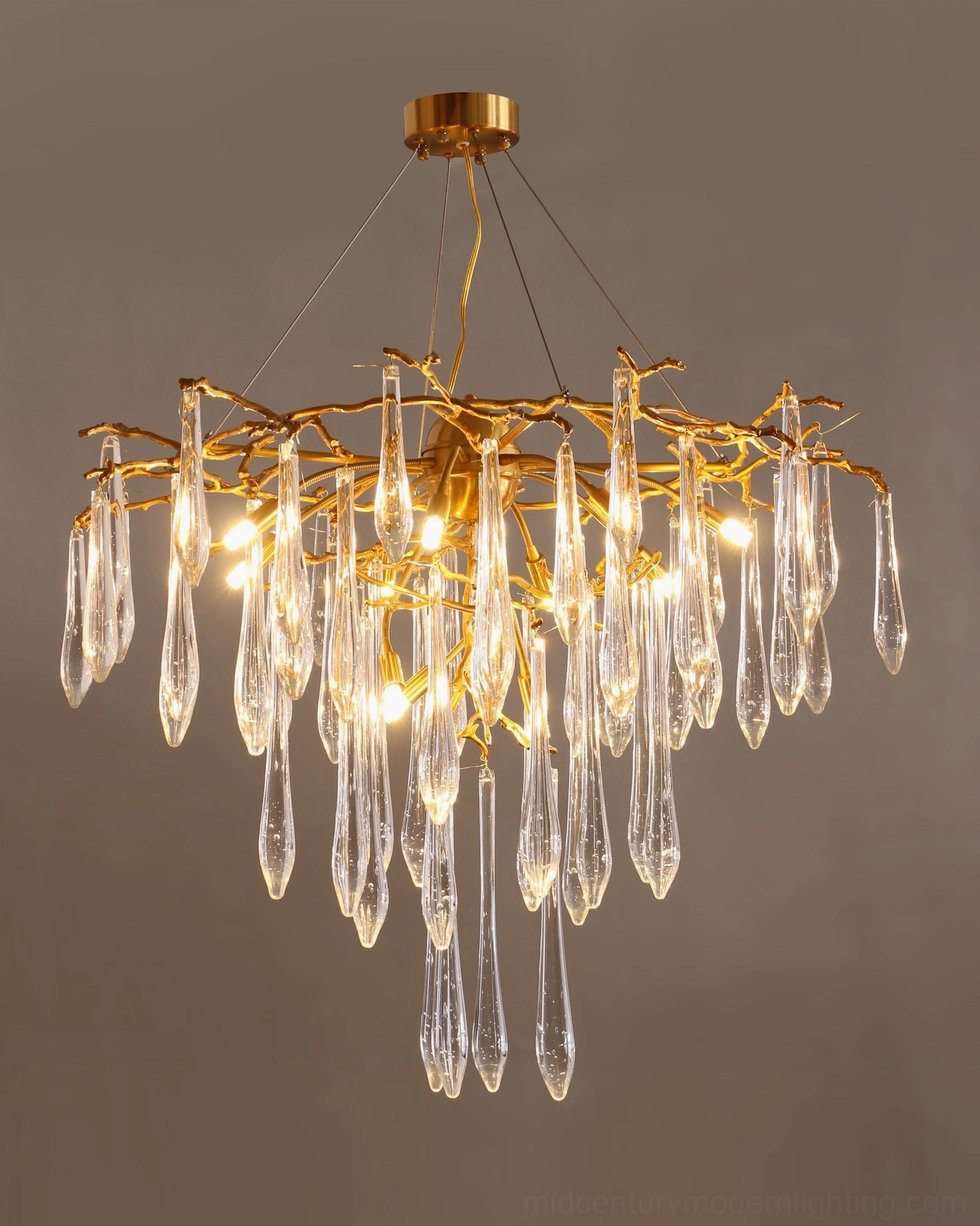 Brass icicle crystal chandelier full view polished finish clear crystal cascading design