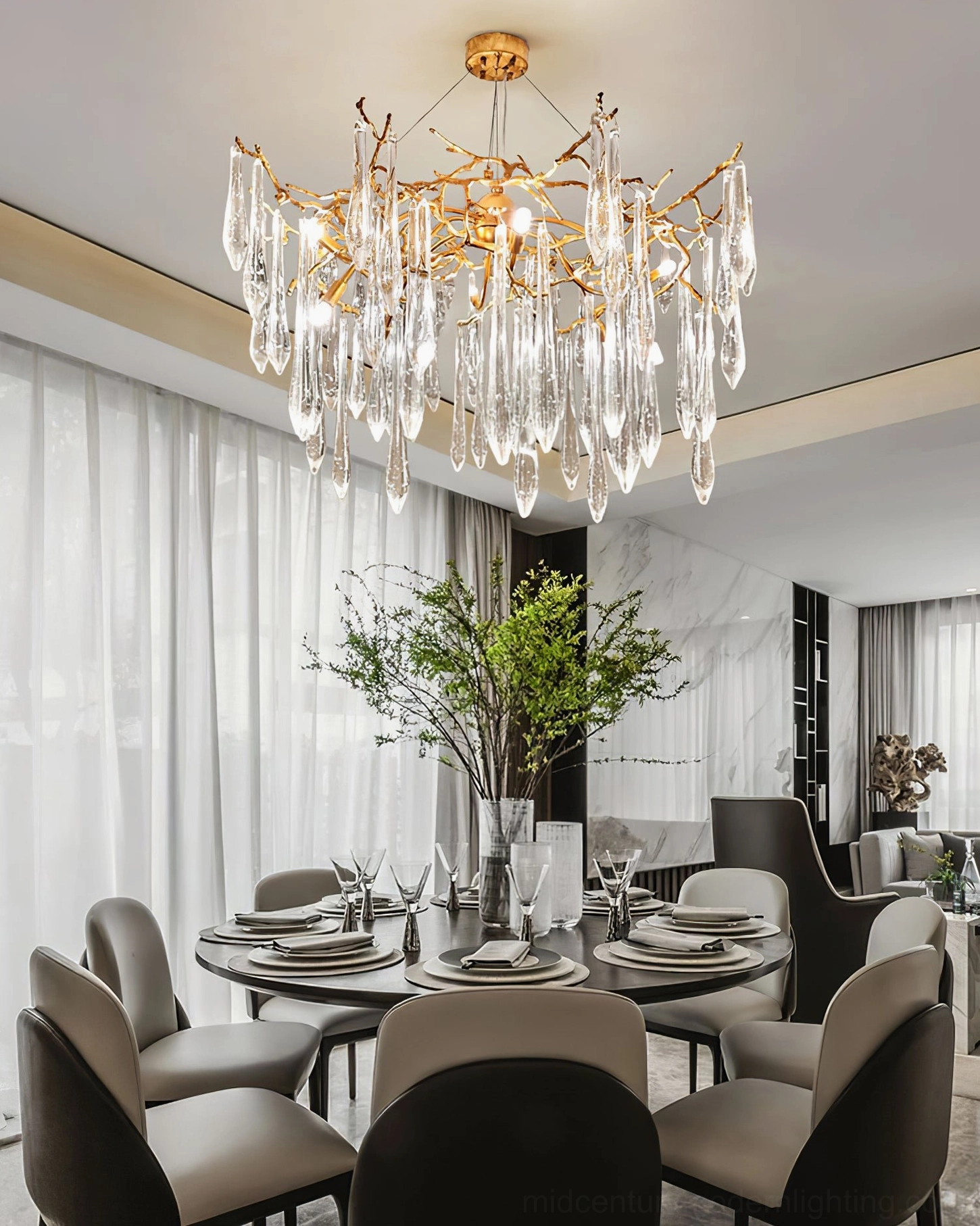 Brass icicle crystal chandelier mid-century modern design dining table contemporary pendant