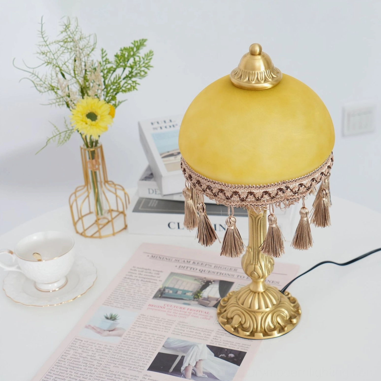 Table lamp brass base and electrical components showing craftsmanship and construction