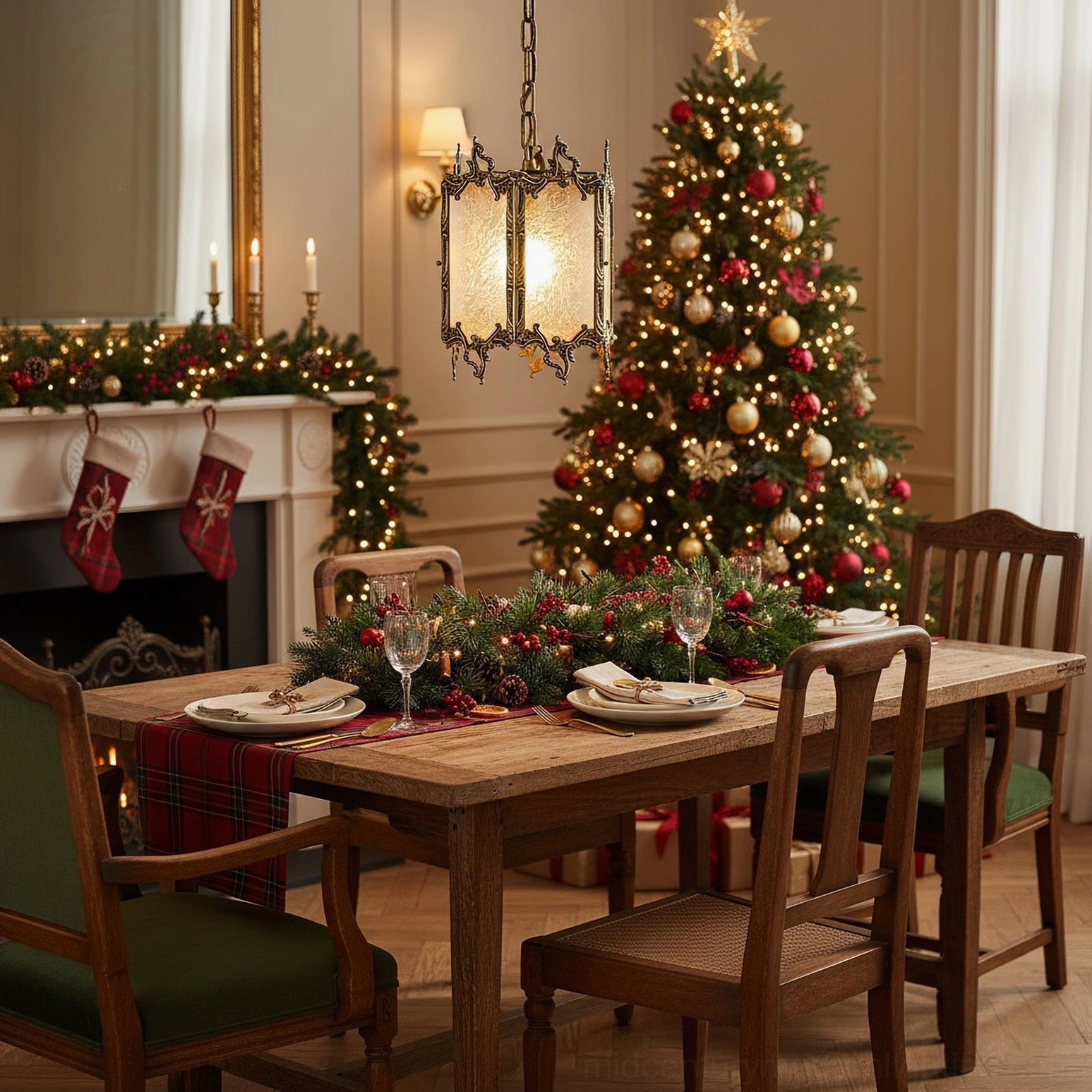 Antique brass lantern pendant light suspended in festive holiday dining room scene with Christmas tree and fireplace garland
