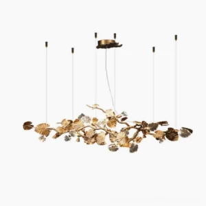 Brass leaf chandelier front view - modern linear pendant light with illuminated glass leaves on white background
