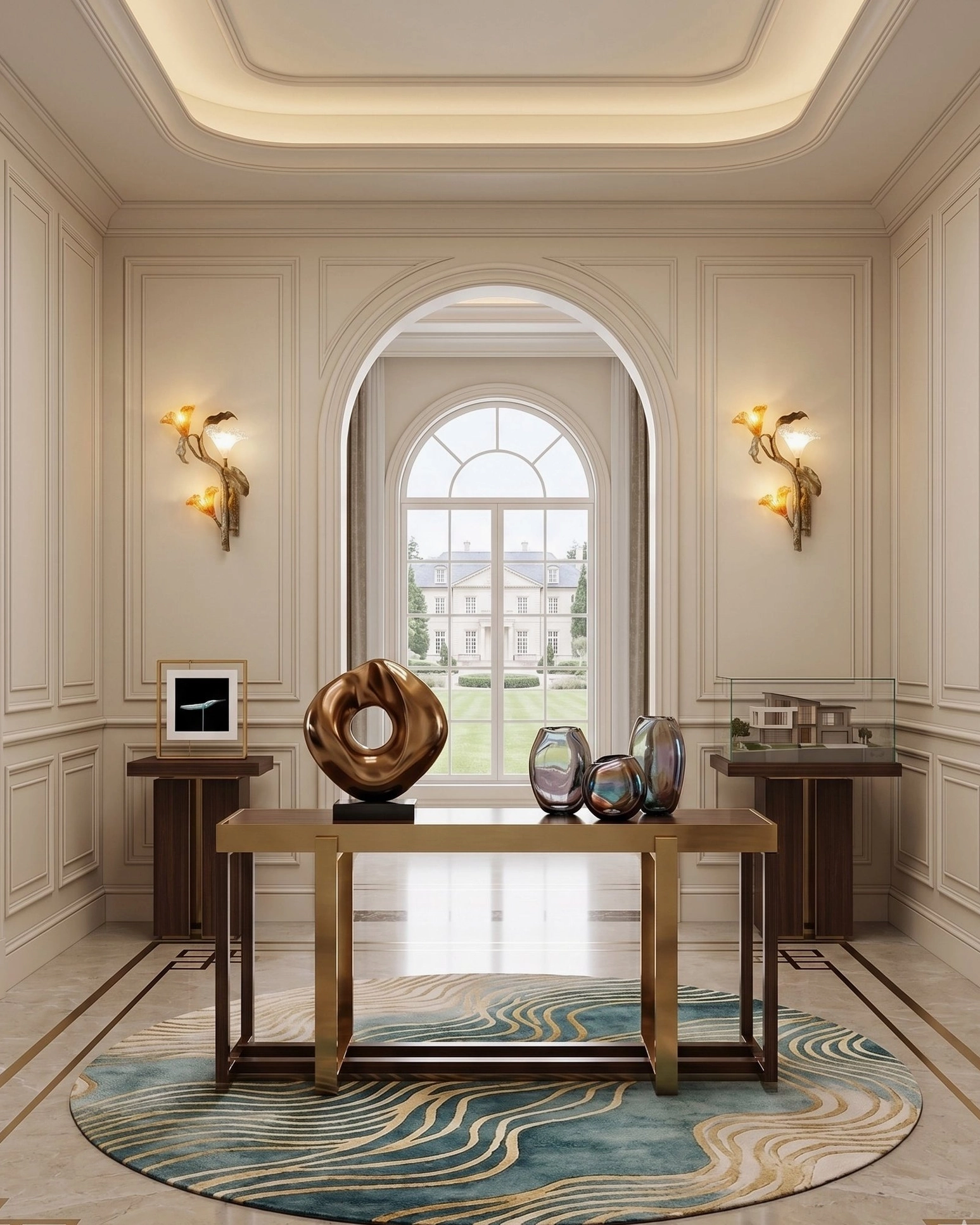 Pair of brass botanical lily sconces in formal entry hall with clean paneled walls neoclassical design