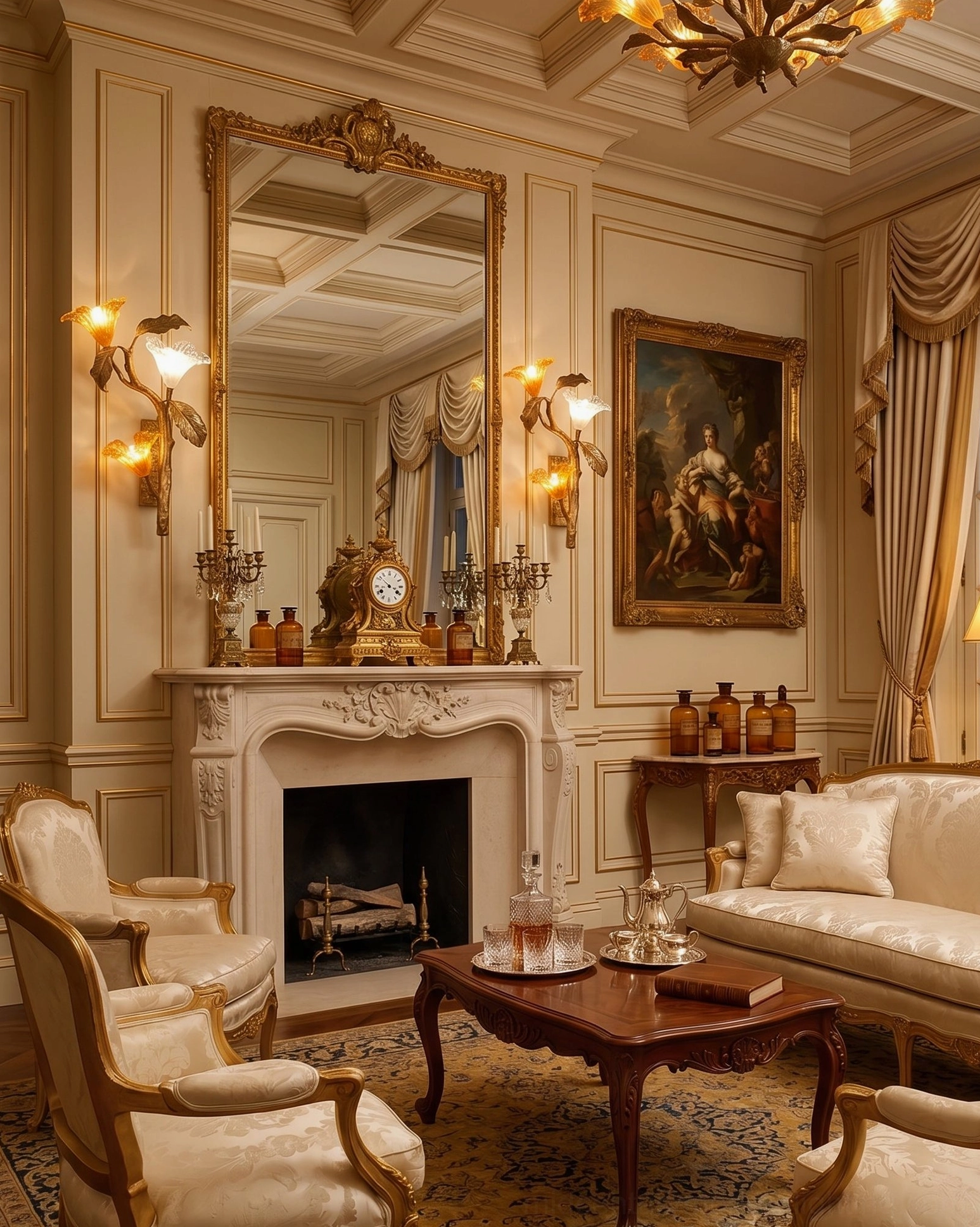 Pair of hand-cast brass lily sconces flanking fireplace in formal neoclassical living room