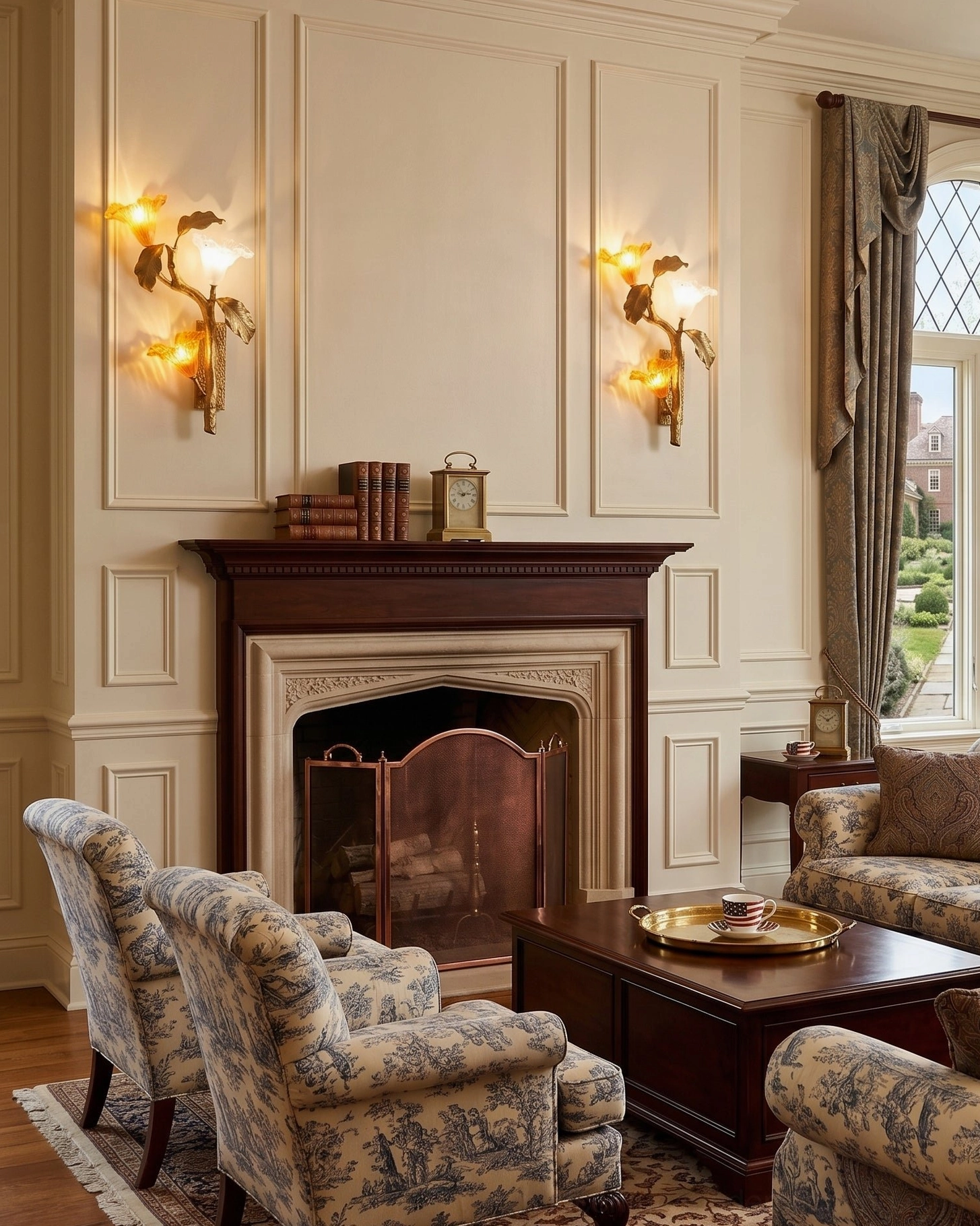 Matching brass lily sconces flanking formal fireplace in neoclassical living room with patterned upholstered seating