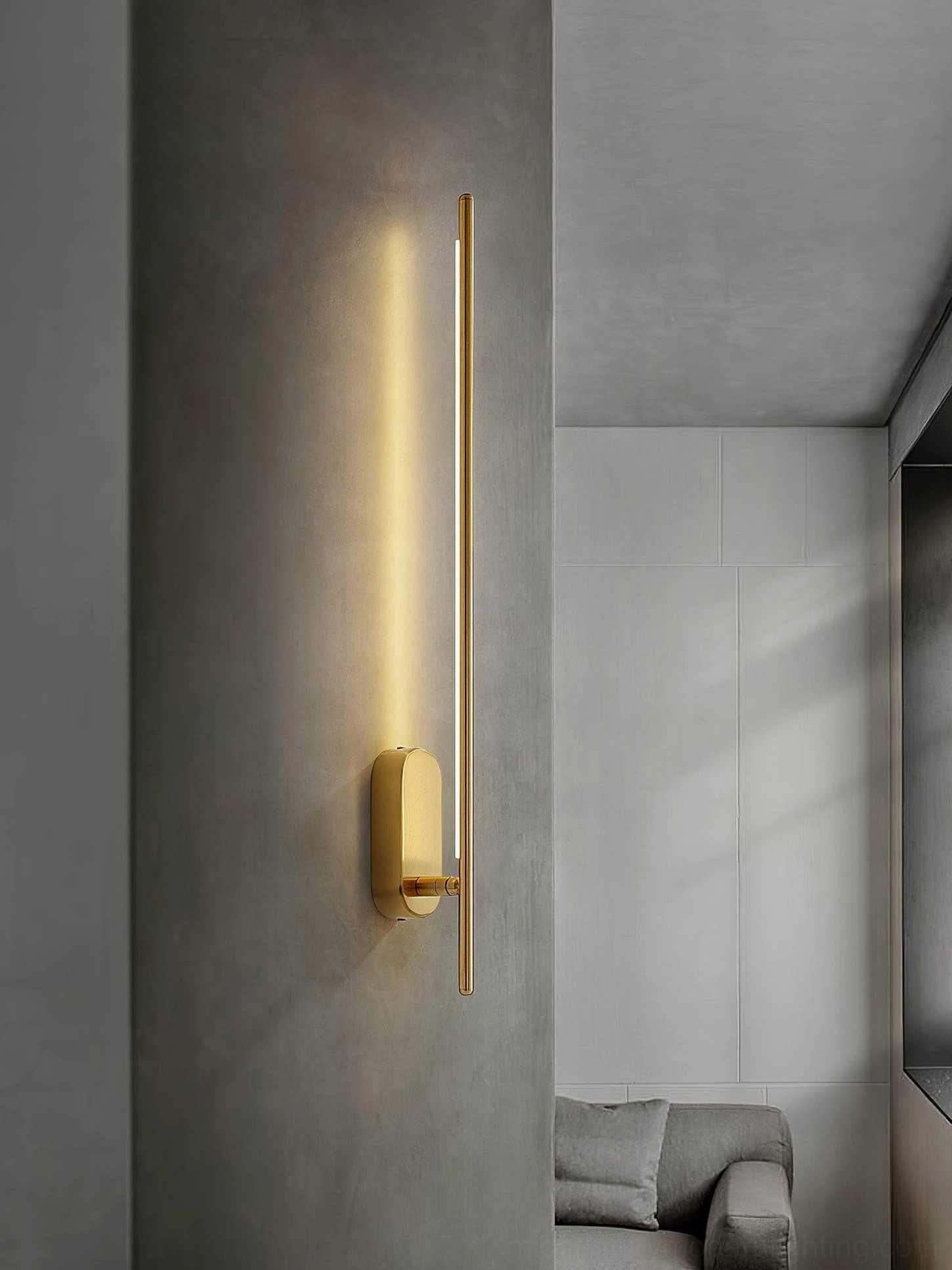 Gold brass linear sconce living room minimalist interior