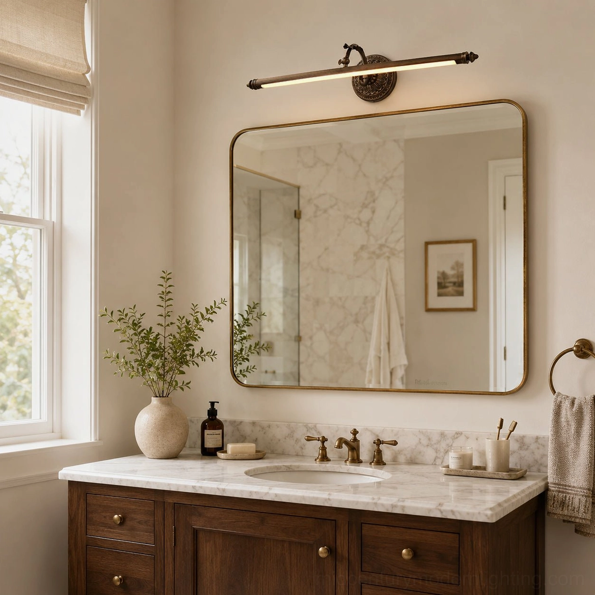 Linear brass wall sconce with integrated LED mounted above large bathroom mirror with warm ambient glow