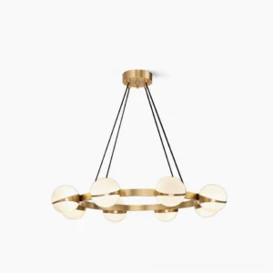 Grand Lustre brass chandelier 6-head circular modern pendant light with frosted white glass shades, front view studio display