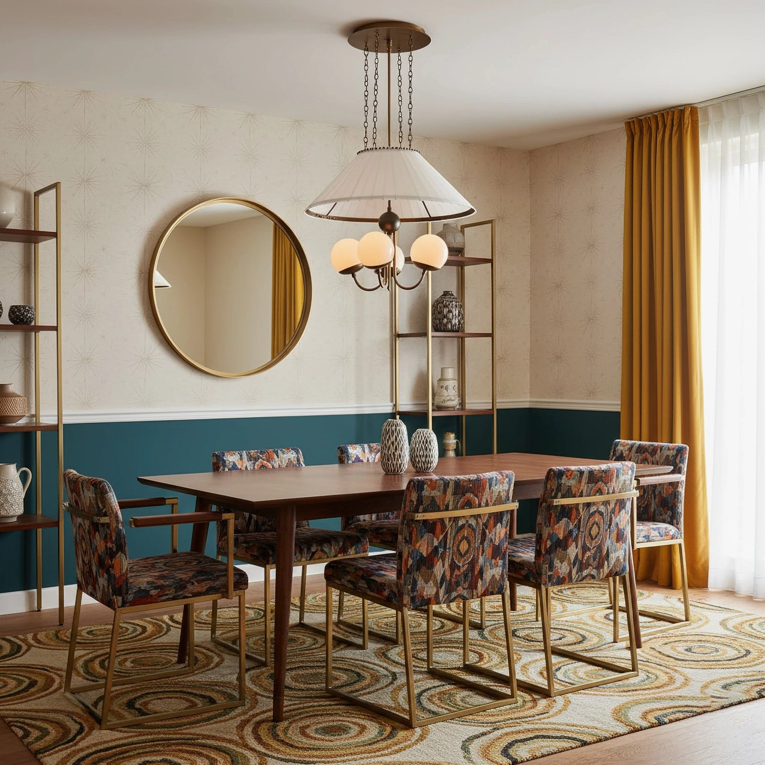 Retro brass chandelier with pleated shade in boho-style dining room with patterned chairs