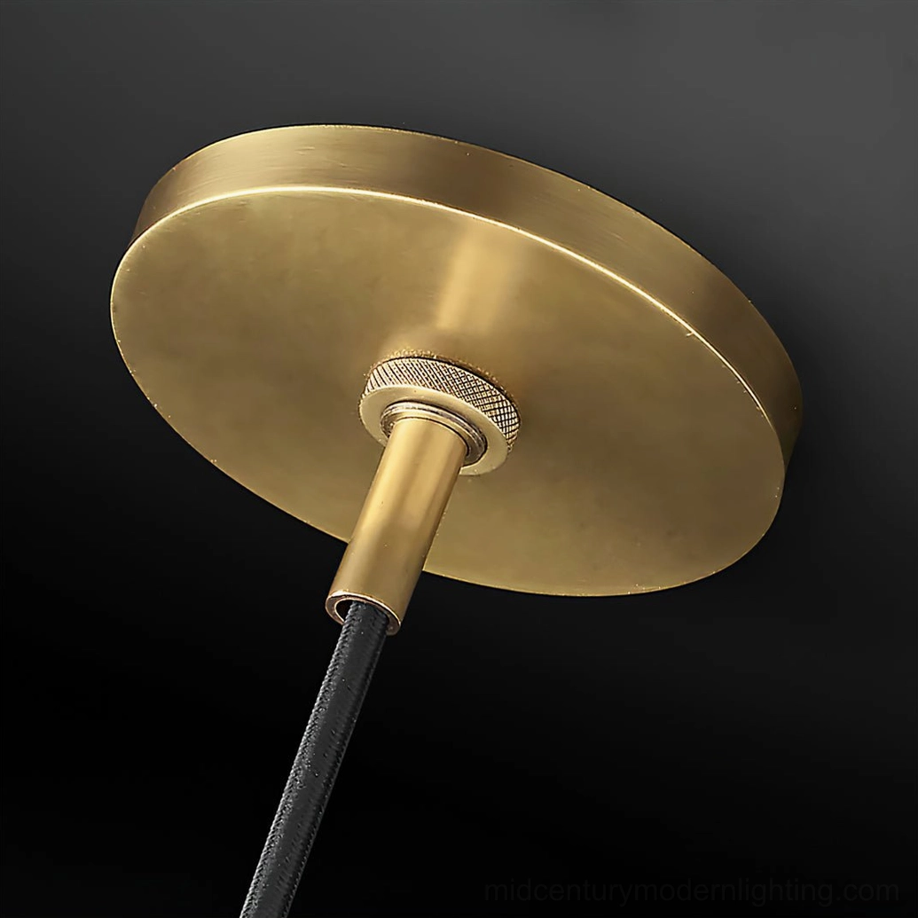 Mid-century modern brass pendant fixture with clear glass - knurled brass base detail