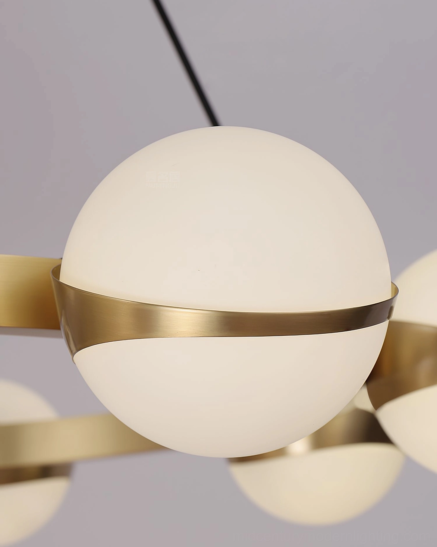 Brass pendant chandelier with frosted white glass globes, Grand Lustre modern luxury lighting design