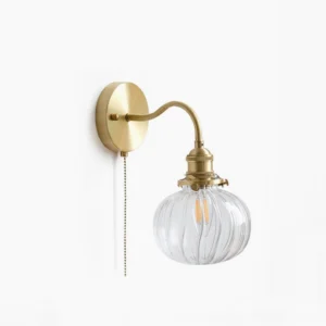 Vintage brass ribbed glass wall sconce with clear shade and pull chain - minimalist mid-century modern design